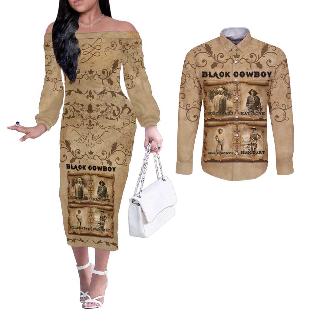 Black Cowboy Couples Matching Off The Shoulder Long Sleeve Dress and Long Sleeve Button Shirt Melanin Black History Western Grunge - Wonder Print Shop