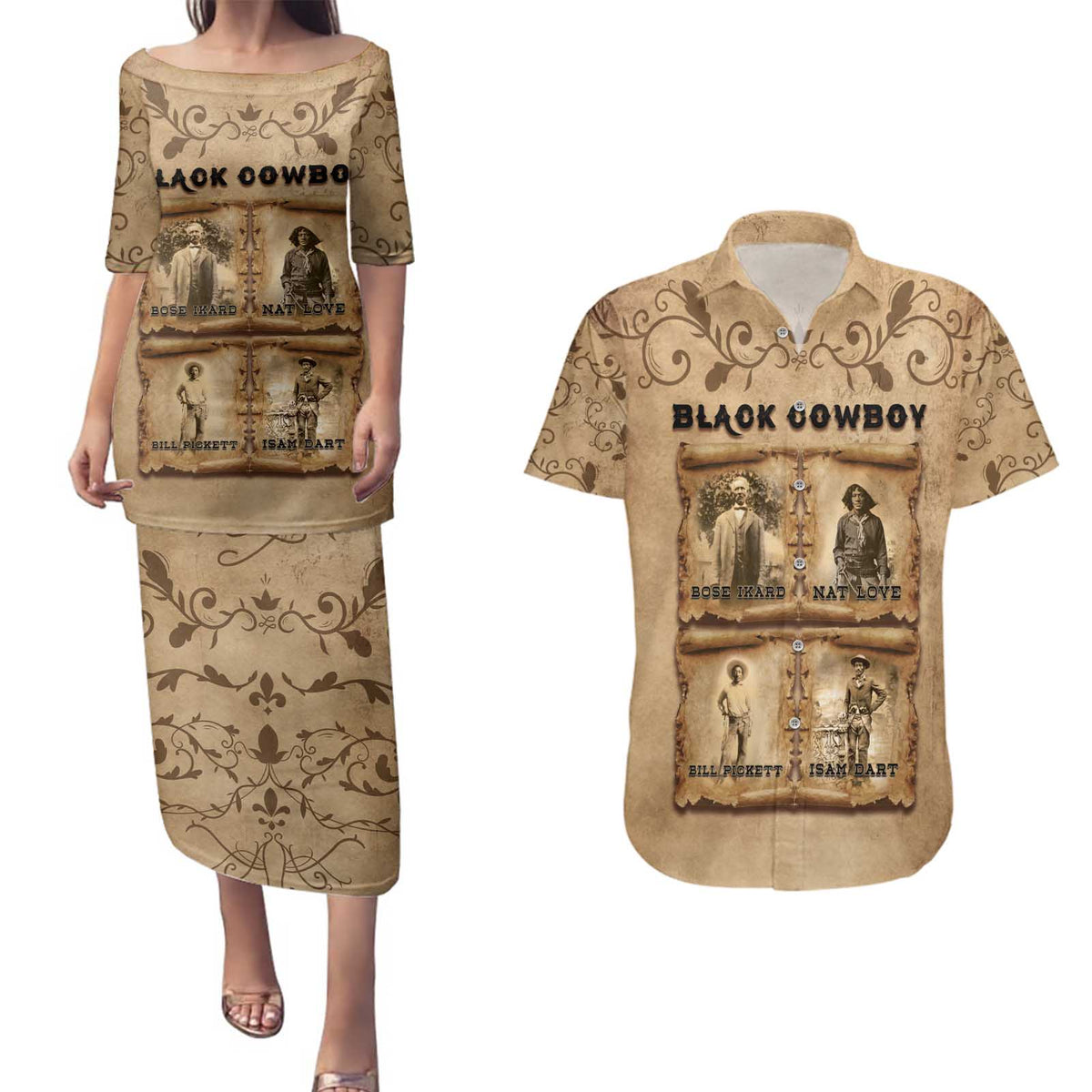 Black Cowboy Couples Matching Puletasi and Hawaiian Shirt Melanin Black History Western Grunge - Wonder Print Shop