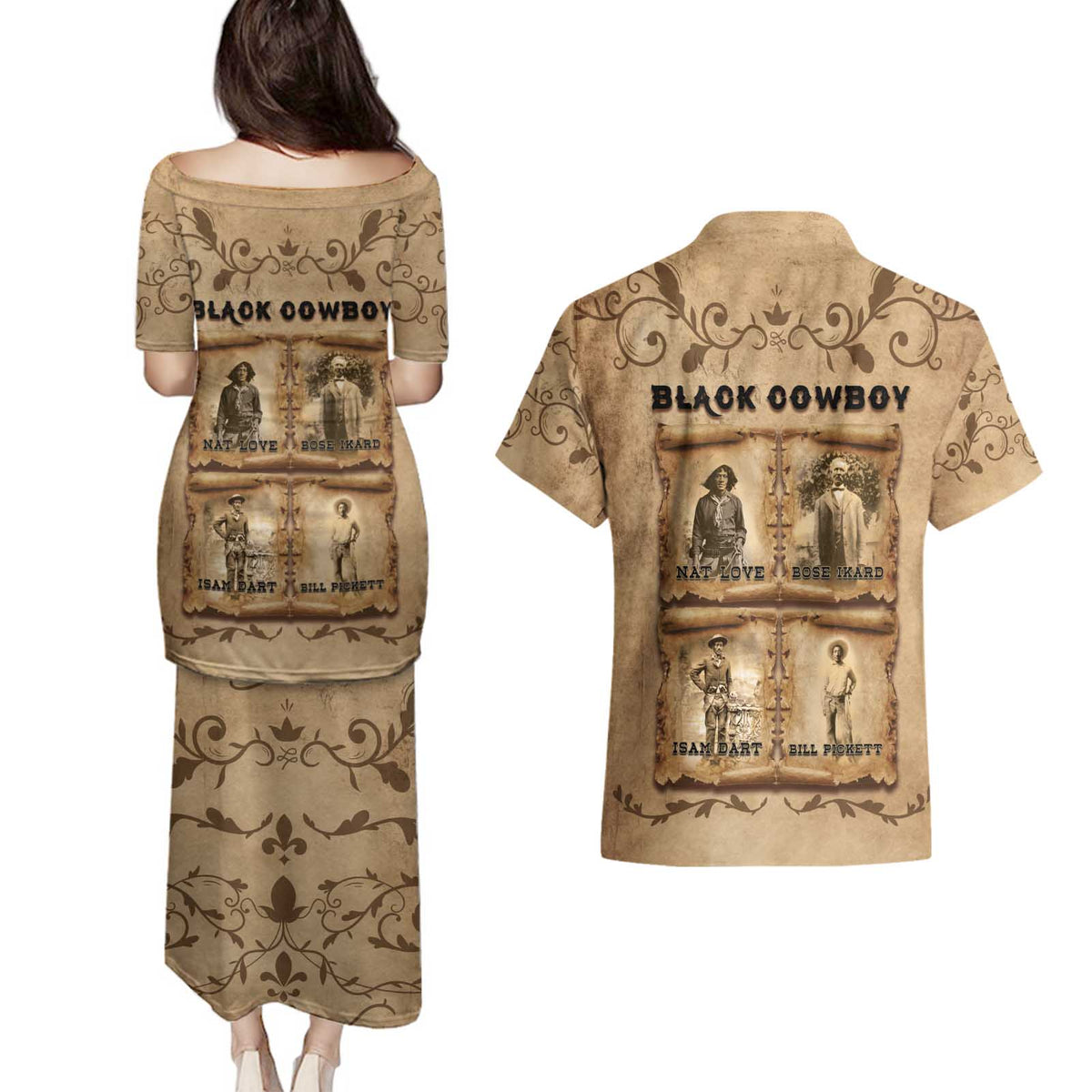 Black Cowboy Couples Matching Puletasi and Hawaiian Shirt Melanin Black History Western Grunge - Wonder Print Shop