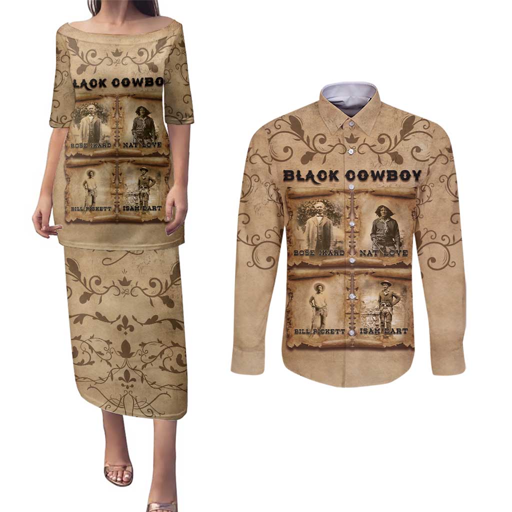 Black Cowboy Couples Matching Puletasi and Long Sleeve Button Shirt Melanin Black History Western Grunge - Wonder Print Shop