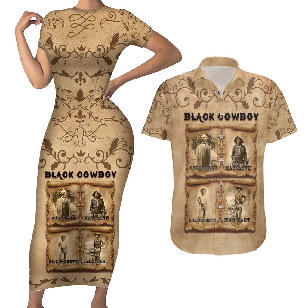 Black Cowboy Couples Matching Short Sleeve Bodycon Dress and Hawaiian Shirt Melanin Black History Western Grunge - Wonder Print Shop