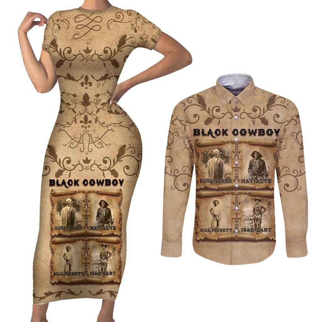 Black Cowboy Couples Matching Short Sleeve Bodycon Dress and Long Sleeve Button Shirt Melanin Black History Western Grunge - Wonder Print Shop