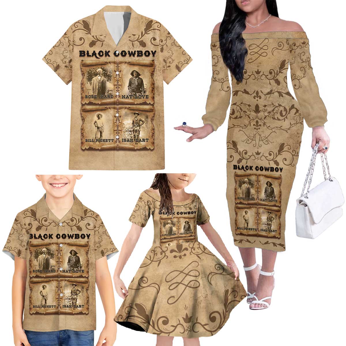 Black Cowboy Family Matching Off The Shoulder Long Sleeve Dress and Hawaiian Shirt Melanin Black History Western Grunge - Wonder Print Shop