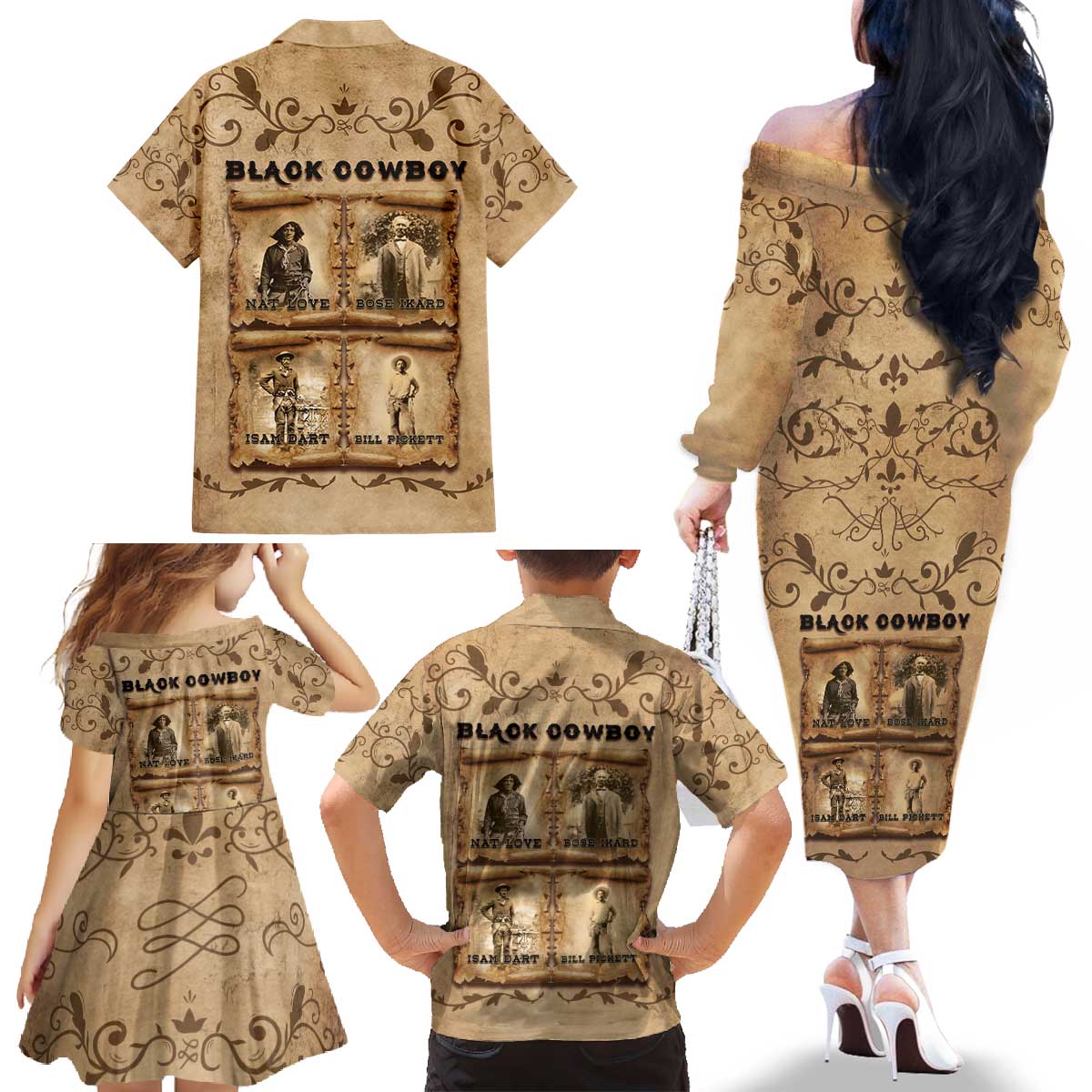 Black Cowboy Family Matching Off The Shoulder Long Sleeve Dress and Hawaiian Shirt Melanin Black History Western Grunge - Wonder Print Shop