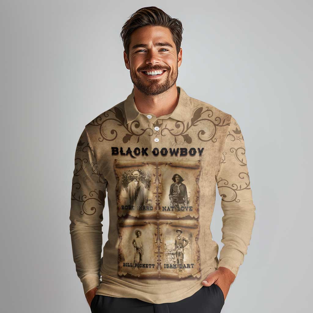 Black Cowboy Long Sleeve Polo Shirt Melanin Black History Western Grunge - Wonder Print Shop