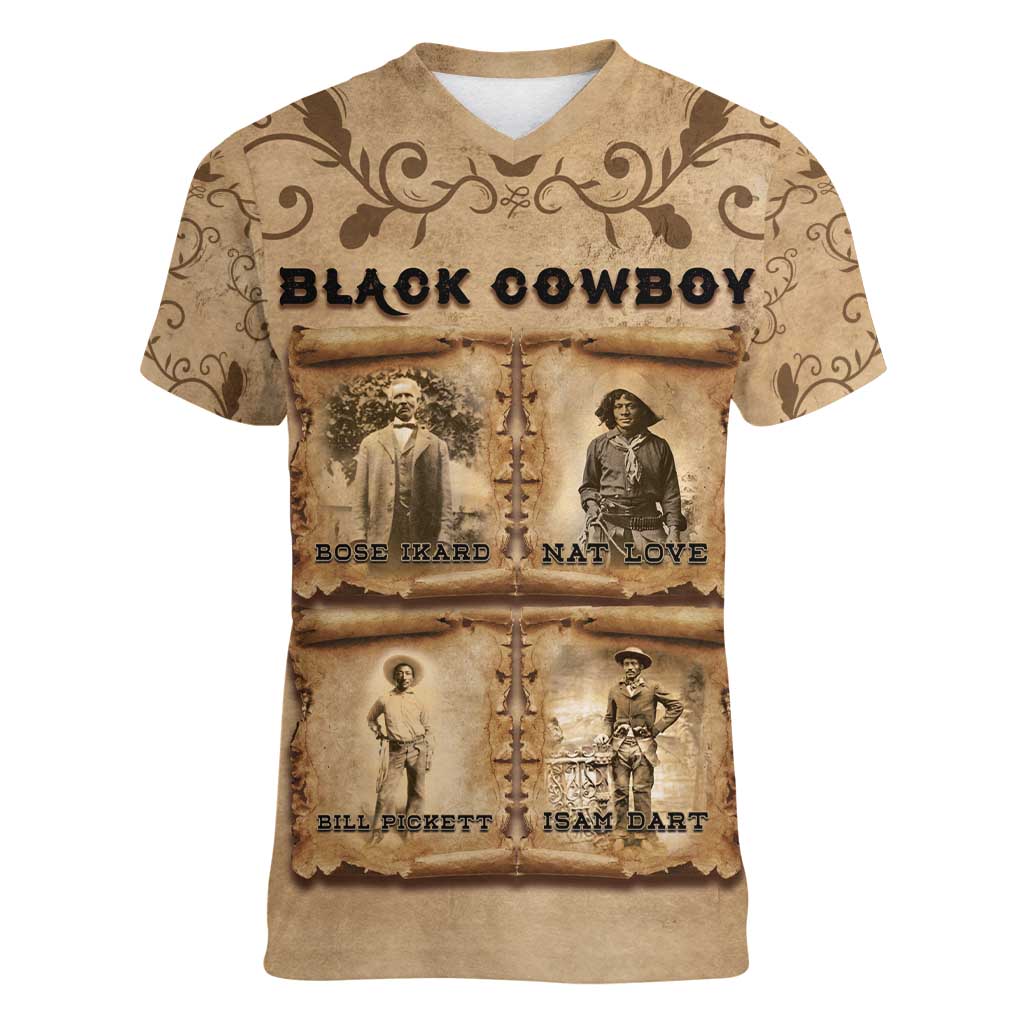 Black Cowboy Women V-Neck T-Shirt Melanin Black History Western Grunge - Wonder Print Shop