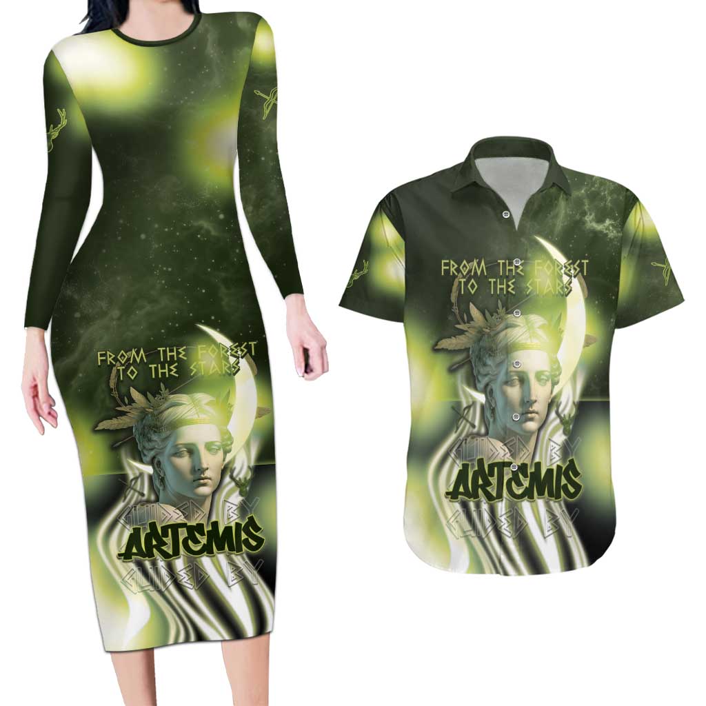 Ancient Greek Artemis Couples Matching Long Sleeve Bodycon Dress and Hawaiian Shirt Goddess Of The Moon - Wonder Print Shop