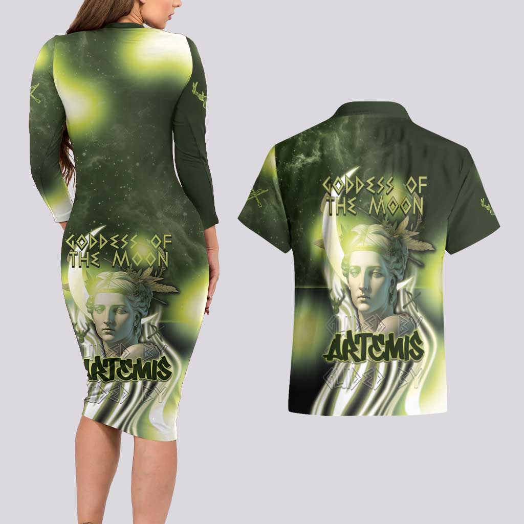 Ancient Greek Artemis Couples Matching Long Sleeve Bodycon Dress and Hawaiian Shirt Goddess Of The Moon - Wonder Print Shop