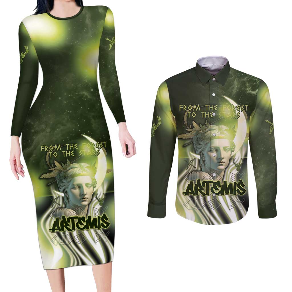 Ancient Greek Artemis Couples Matching Long Sleeve Bodycon Dress and Long Sleeve Button Shirt Goddess Of The Moon - Wonder Print Shop