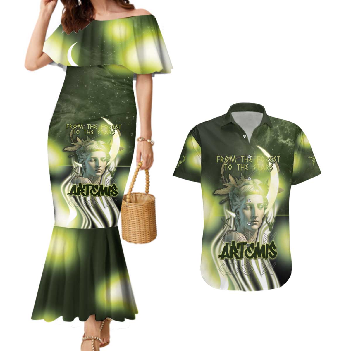 Ancient Greek Artemis Couples Matching Mermaid Dress and Hawaiian Shirt Goddess Of The Moon - Wonder Print Shop