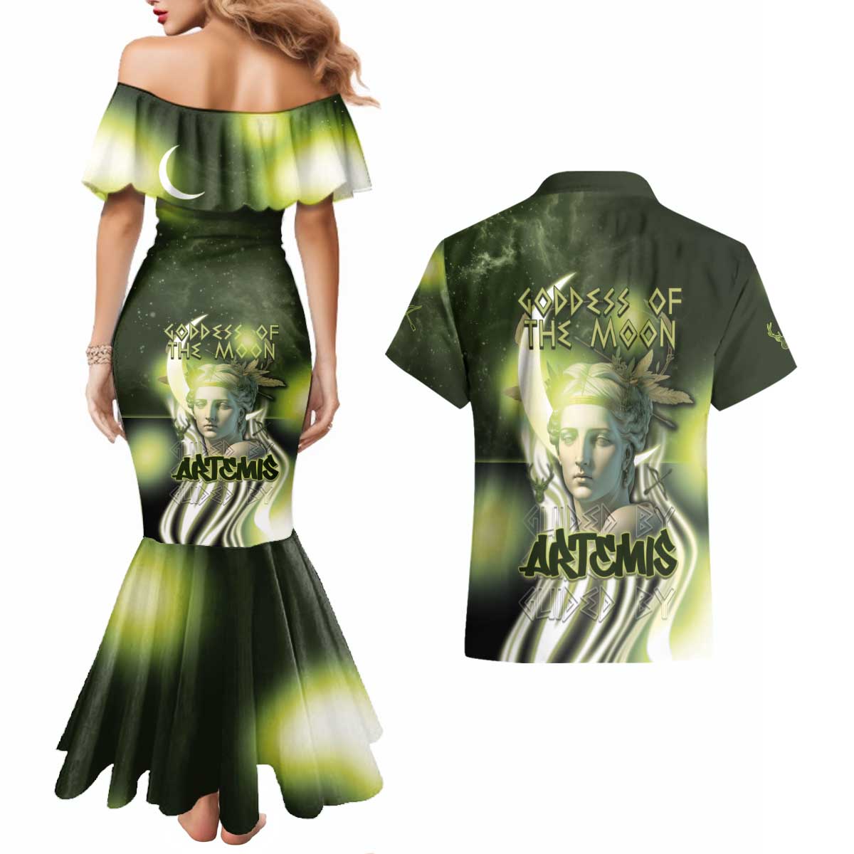 Ancient Greek Artemis Couples Matching Mermaid Dress and Hawaiian Shirt Goddess Of The Moon - Wonder Print Shop