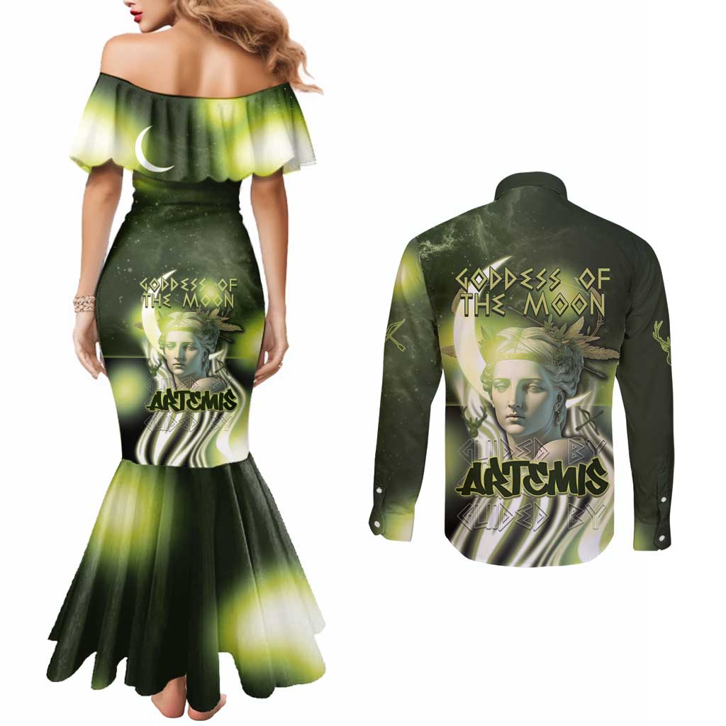 Ancient Greek Artemis Couples Matching Mermaid Dress and Long Sleeve Button Shirt Goddess Of The Moon - Wonder Print Shop