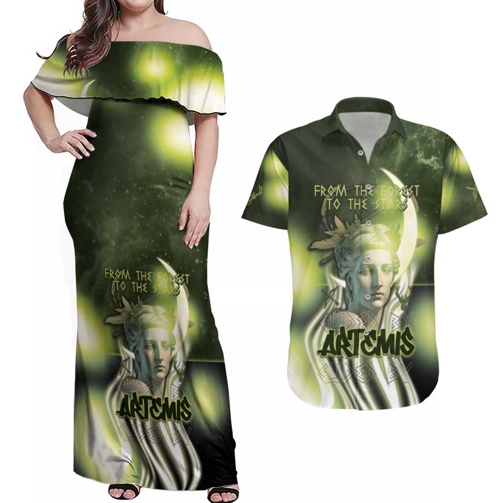 Ancient Greek Artemis Couples Matching Off Shoulder Maxi Dress and Hawaiian Shirt Goddess Of The Moon - Wonder Print Shop