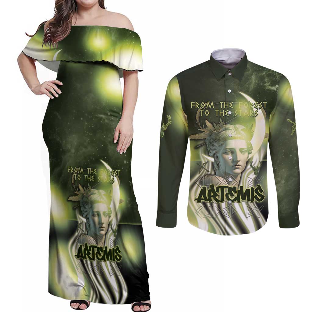 Ancient Greek Artemis Couples Matching Off Shoulder Maxi Dress and Long Sleeve Button Shirt Goddess Of The Moon - Wonder Print Shop