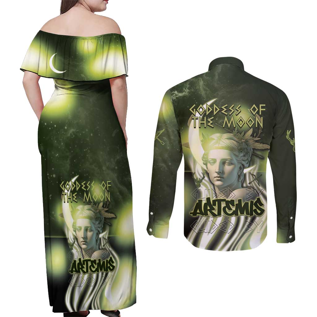 Ancient Greek Artemis Couples Matching Off Shoulder Maxi Dress and Long Sleeve Button Shirt Goddess Of The Moon - Wonder Print Shop