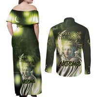Ancient Greek Artemis Couples Matching Off Shoulder Maxi Dress and Long Sleeve Button Shirt Goddess Of The Moon - Wonder Print Shop
