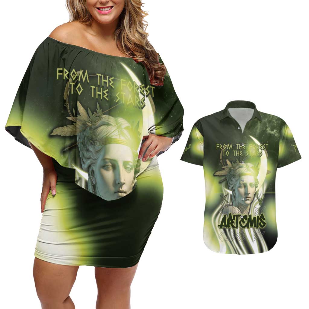 Ancient Greek Artemis Couples Matching Off Shoulder Short Dress and Hawaiian Shirt Goddess Of The Moon - Wonder Print Shop