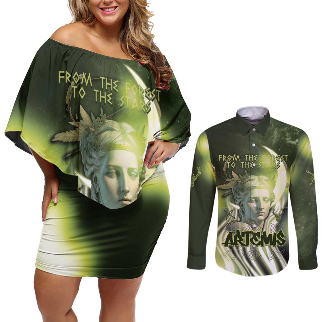 Ancient Greek Artemis Couples Matching Off Shoulder Short Dress and Long Sleeve Button Shirt Goddess Of The Moon - Wonder Print Shop