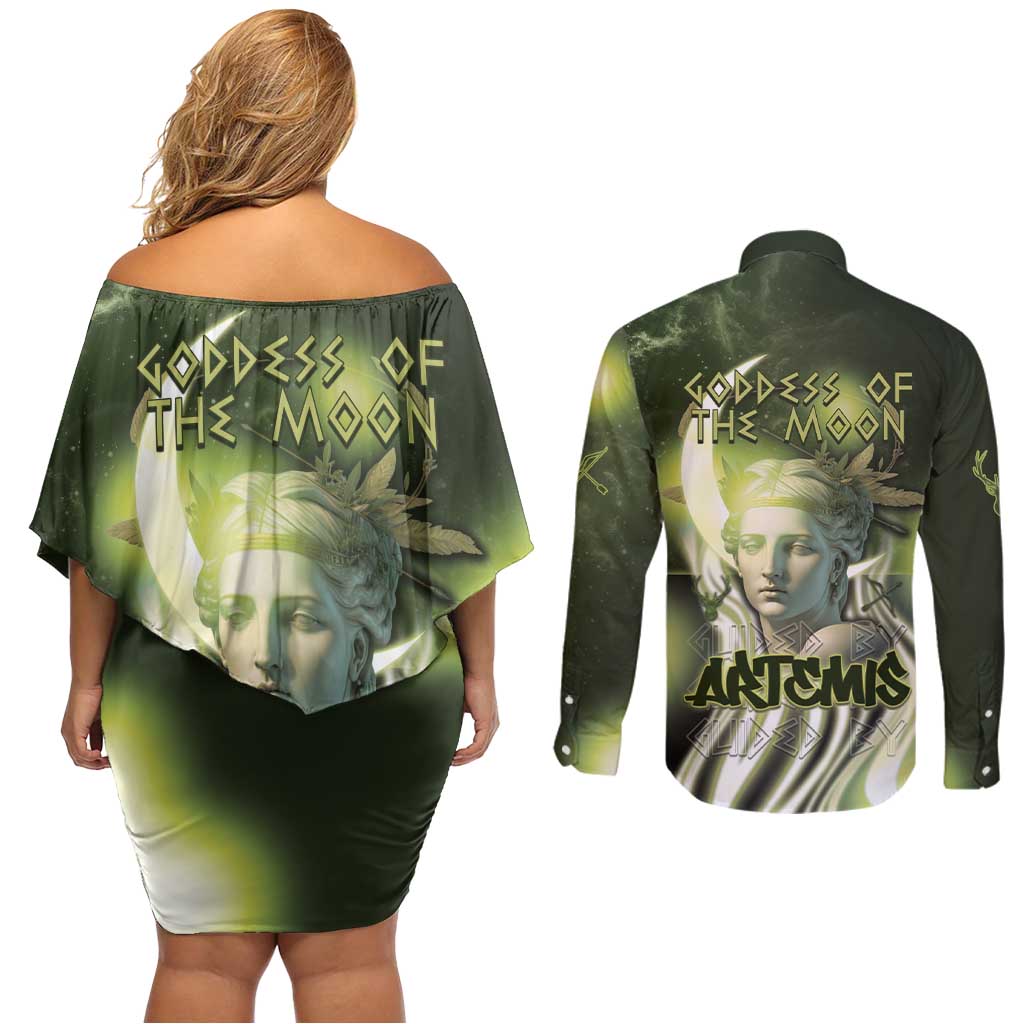 Ancient Greek Artemis Couples Matching Off Shoulder Short Dress and Long Sleeve Button Shirt Goddess Of The Moon - Wonder Print Shop
