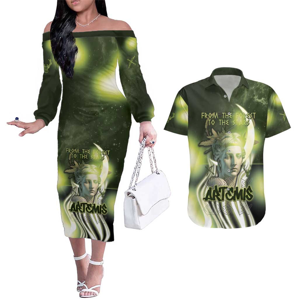 Ancient Greek Artemis Couples Matching Off The Shoulder Long Sleeve Dress and Hawaiian Shirt Goddess Of The Moon - Wonder Print Shop