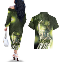 Ancient Greek Artemis Couples Matching Off The Shoulder Long Sleeve Dress and Hawaiian Shirt Goddess Of The Moon - Wonder Print Shop