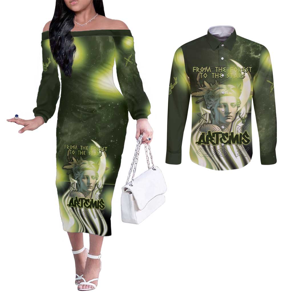 Ancient Greek Artemis Couples Matching Off The Shoulder Long Sleeve Dress and Long Sleeve Button Shirt Goddess Of The Moon - Wonder Print Shop