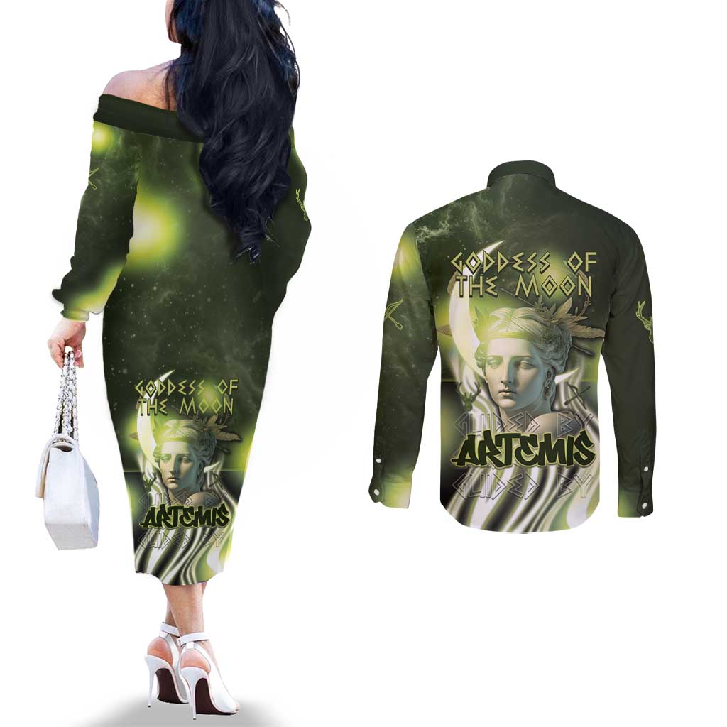 Ancient Greek Artemis Couples Matching Off The Shoulder Long Sleeve Dress and Long Sleeve Button Shirt Goddess Of The Moon - Wonder Print Shop