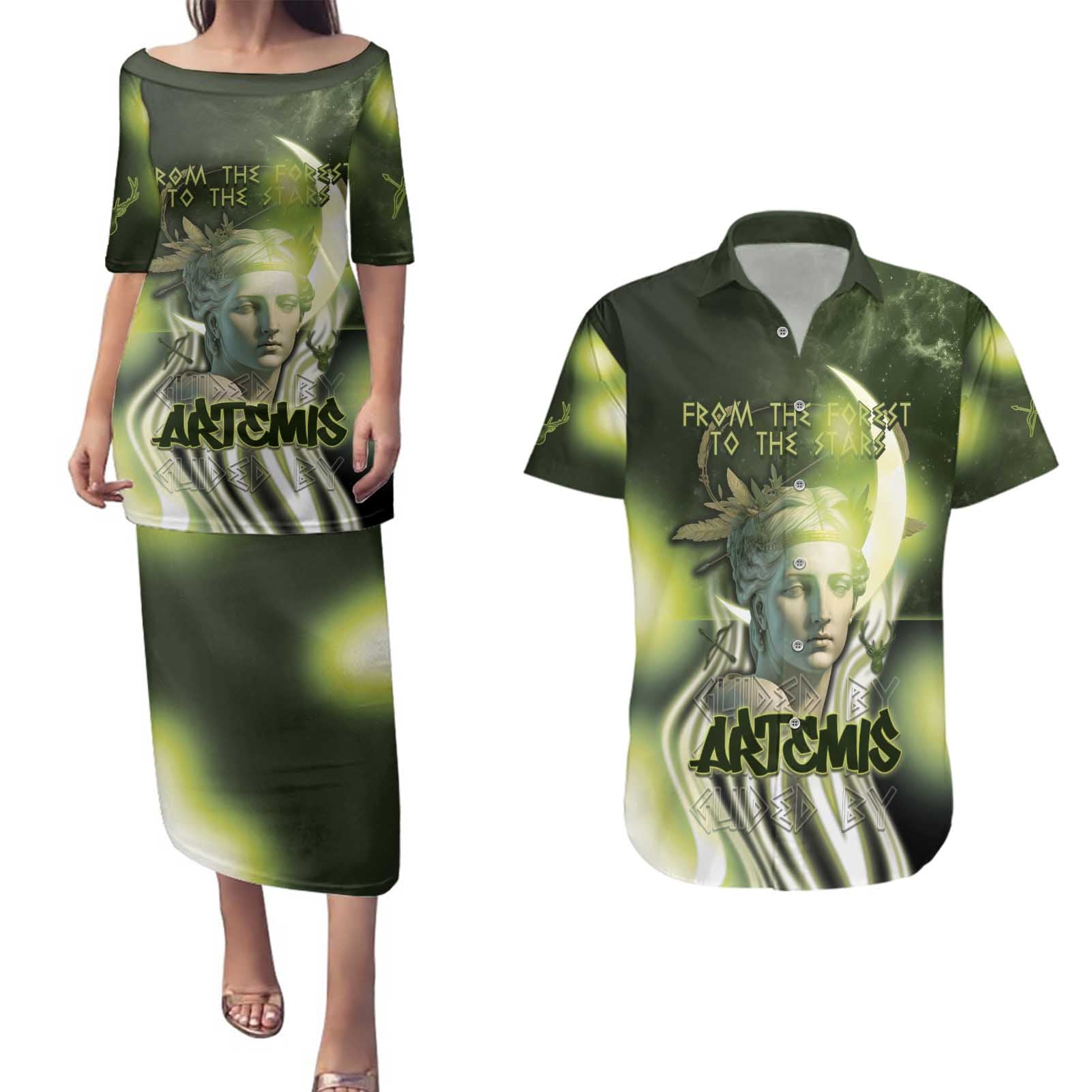 Ancient Greek Artemis Couples Matching Puletasi and Hawaiian Shirt Goddess Of The Moon - Wonder Print Shop