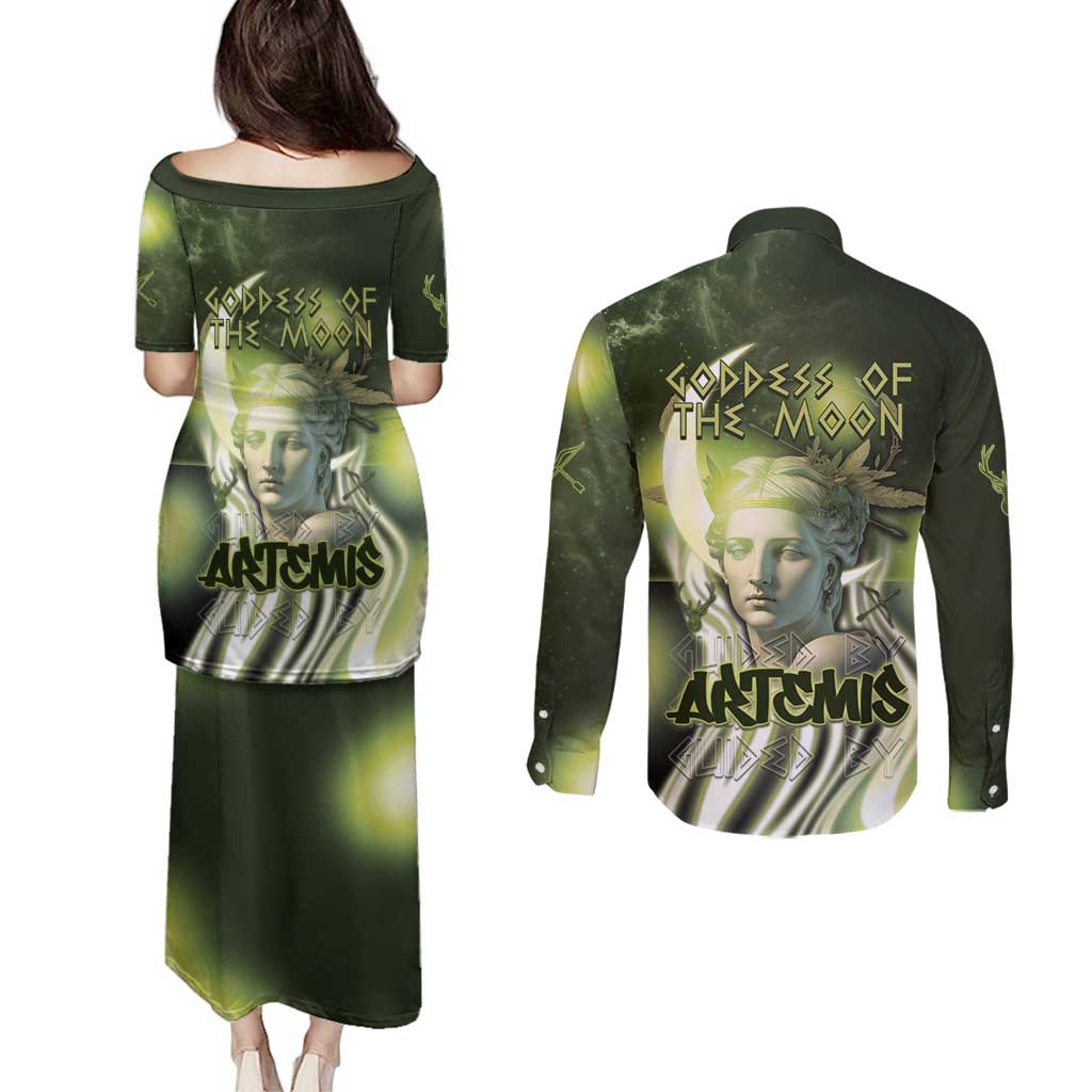 Ancient Greek Artemis Couples Matching Puletasi and Long Sleeve Button Shirt Goddess Of The Moon - Wonder Print Shop