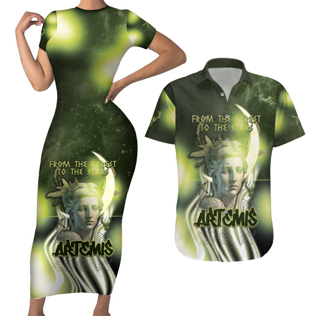 Ancient Greek Artemis Couples Matching Short Sleeve Bodycon Dress and Hawaiian Shirt Goddess Of The Moon - Wonder Print Shop