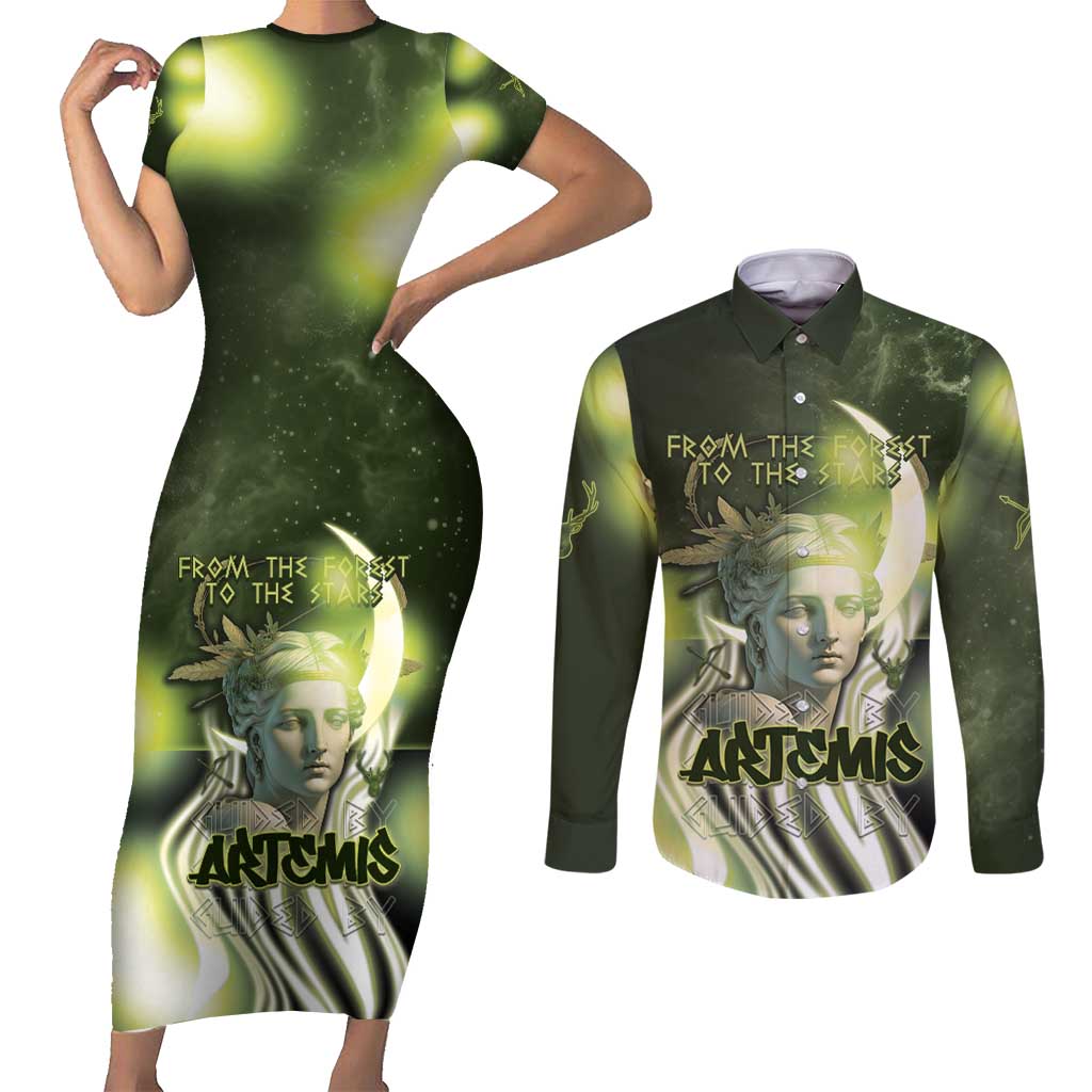 Ancient Greek Artemis Couples Matching Short Sleeve Bodycon Dress and Long Sleeve Button Shirt Goddess Of The Moon - Wonder Print Shop
