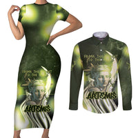 Ancient Greek Artemis Couples Matching Short Sleeve Bodycon Dress and Long Sleeve Button Shirt Goddess Of The Moon - Wonder Print Shop