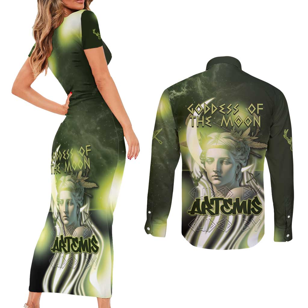 Ancient Greek Artemis Couples Matching Short Sleeve Bodycon Dress and Long Sleeve Button Shirt Goddess Of The Moon - Wonder Print Shop