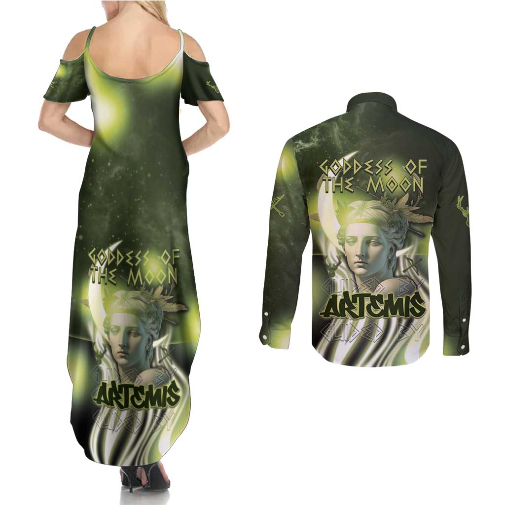 Ancient Greek Artemis Couples Matching Summer Maxi Dress and Long Sleeve Button Shirt Goddess Of The Moon - Wonder Print Shop