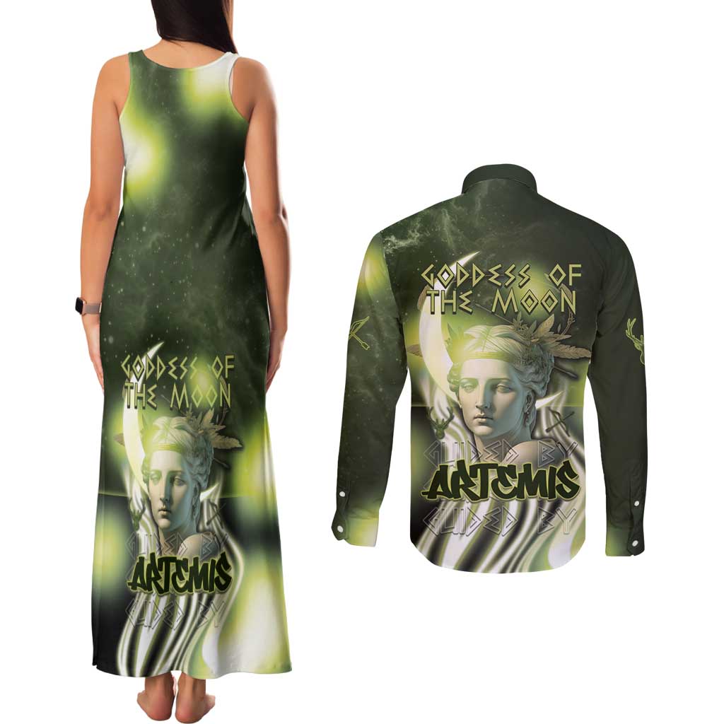Ancient Greek Artemis Couples Matching Tank Maxi Dress and Long Sleeve Button Shirt Goddess Of The Moon - Wonder Print Shop