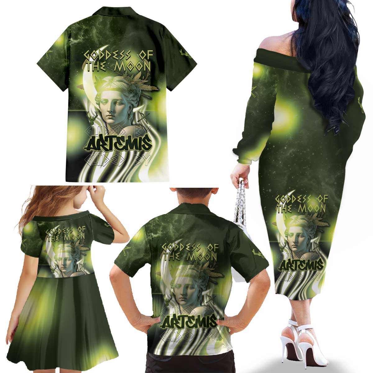 Ancient Greek Artemis Family Matching Off The Shoulder Long Sleeve Dress and Hawaiian Shirt Goddess Of The Moon - Wonder Print Shop