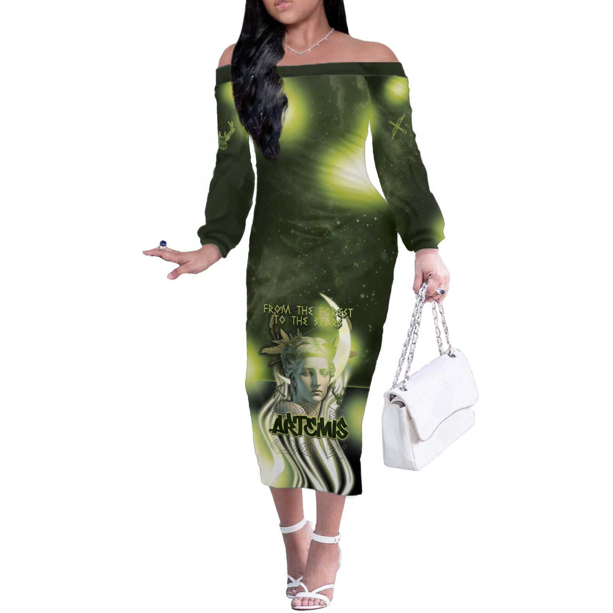 Ancient Greek Artemis Off The Shoulder Long Sleeve Dress Goddess Of The Moon - Wonder Print Shop