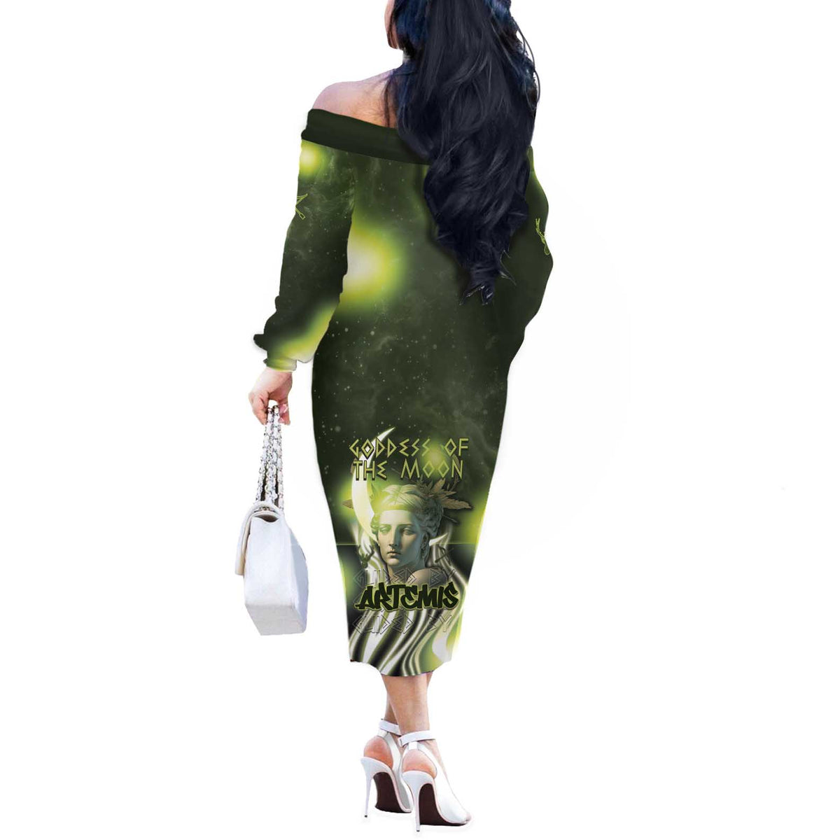 Ancient Greek Artemis Off The Shoulder Long Sleeve Dress Goddess Of The Moon - Wonder Print Shop