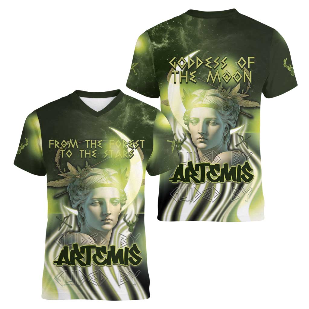 Ancient Greek Artemis Women V-Neck T-Shirt Goddess Of The Moon - Wonder Print Shop