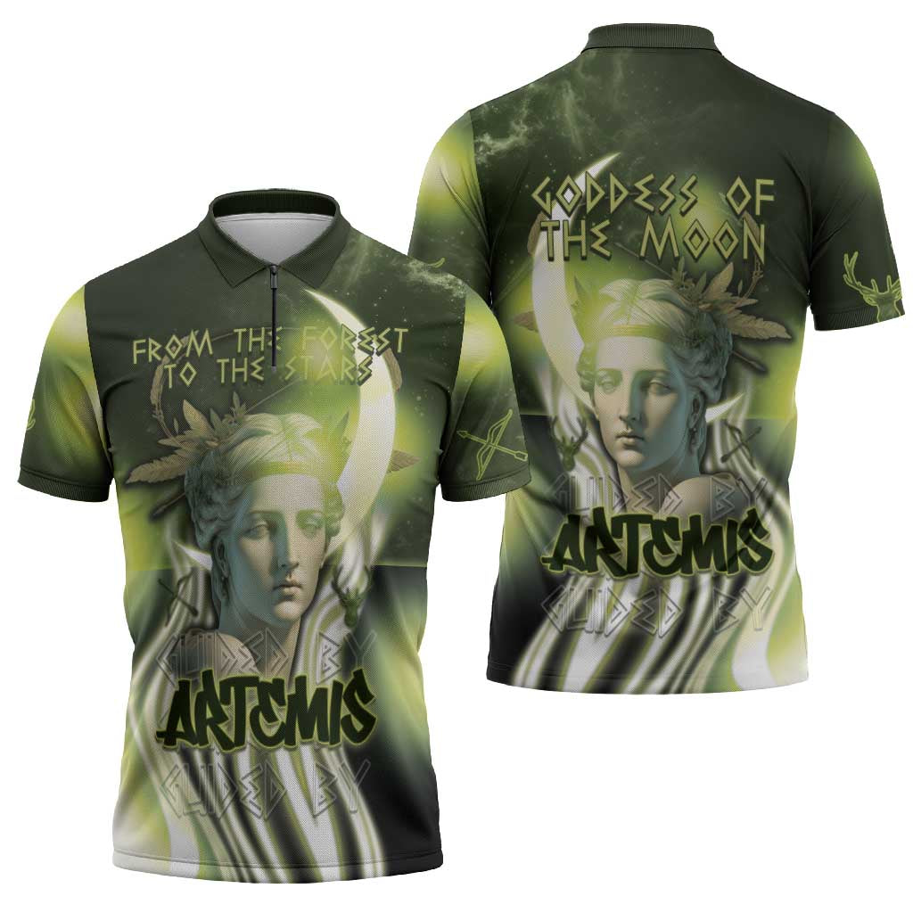 Ancient Greek Artemis Zipper Polo Shirt Goddess Of The Moon - Wonder Print Shop
