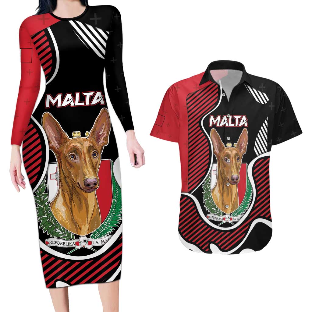 Personalized Malta Couples Matching Long Sleeve Bodycon Dress and Hawaiian Shirt Pharaoh Hound In Coat Of Arms - Wonder Print Shop