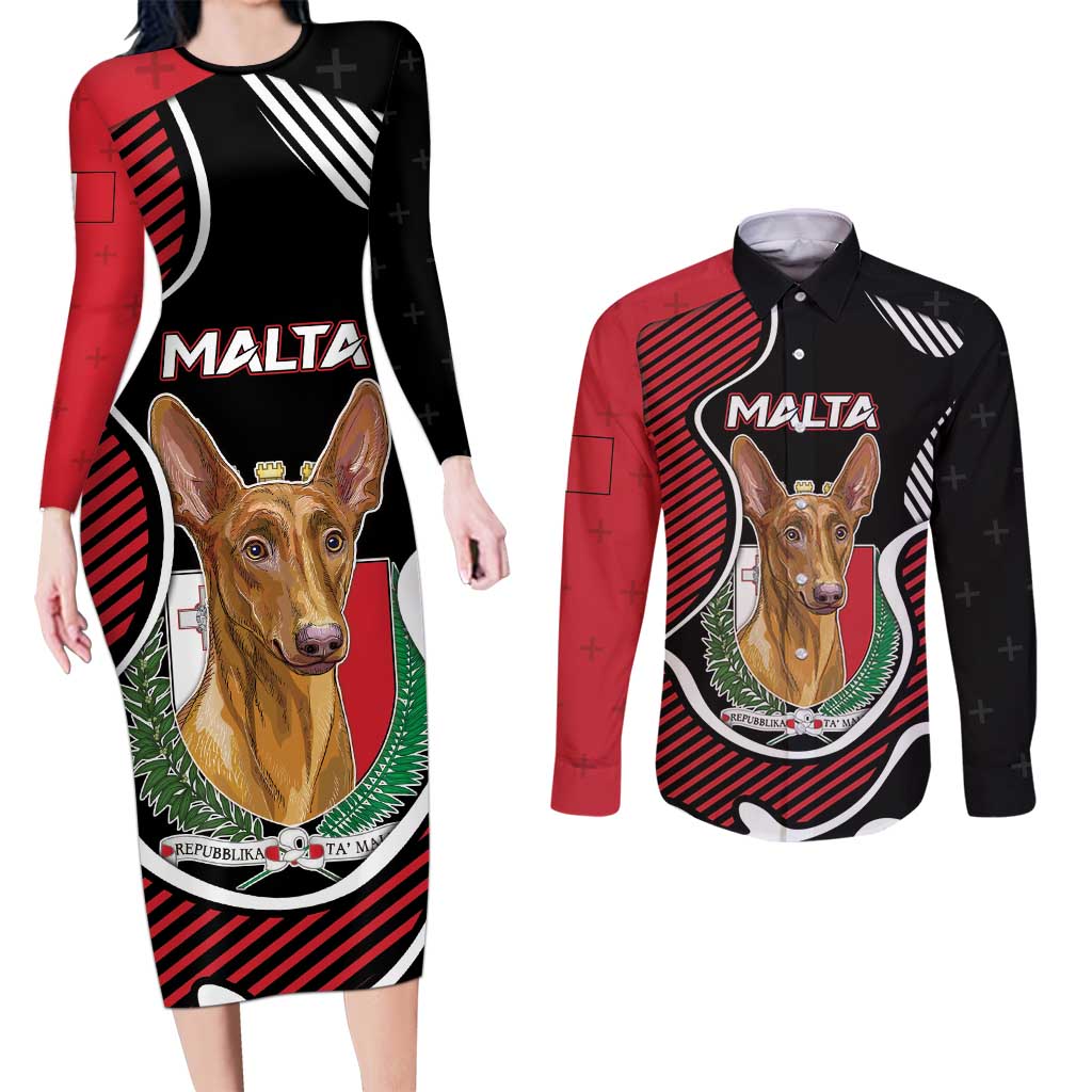Personalized Malta Couples Matching Long Sleeve Bodycon Dress and Long Sleeve Button Shirt Pharaoh Hound In Coat Of Arms - Wonder Print Shop