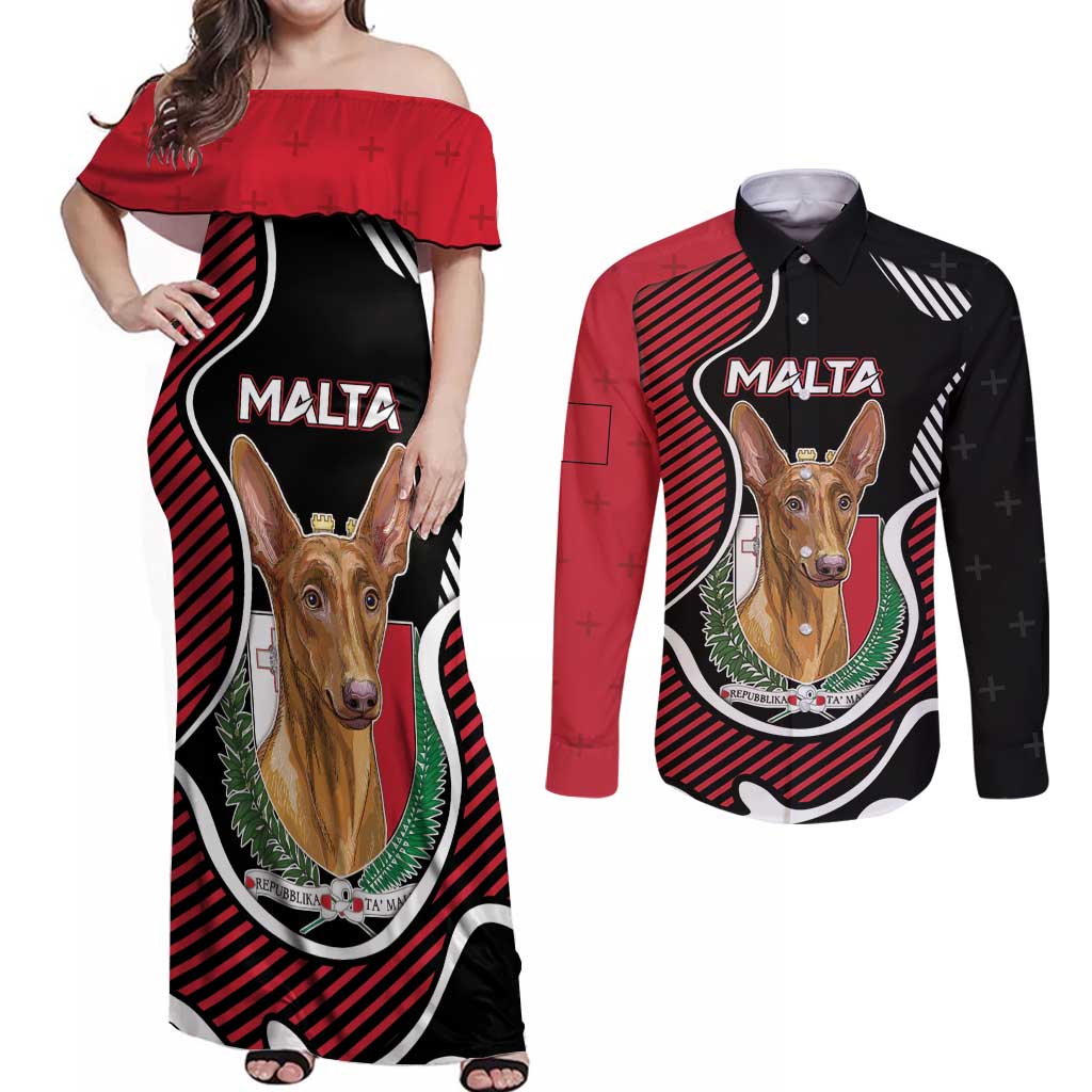 Personalized Malta Couples Matching Off Shoulder Maxi Dress and Long Sleeve Button Shirt Pharaoh Hound In Coat Of Arms - Wonder Print Shop