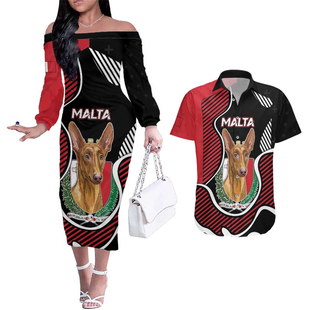 Personalized Malta Couples Matching Off The Shoulder Long Sleeve Dress and Hawaiian Shirt Pharaoh Hound In Coat Of Arms - Wonder Print Shop