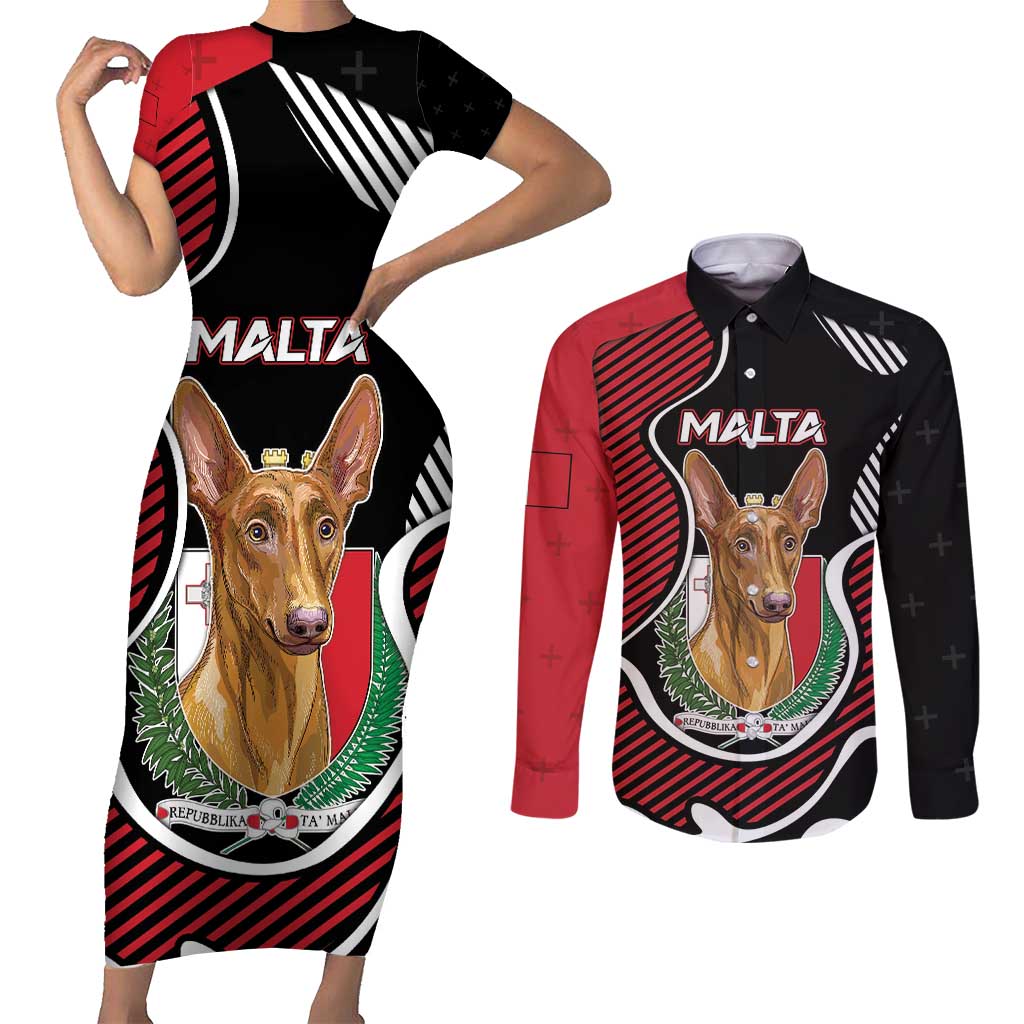 Personalized Malta Couples Matching Short Sleeve Bodycon Dress and Long Sleeve Button Shirt Pharaoh Hound In Coat Of Arms - Wonder Print Shop