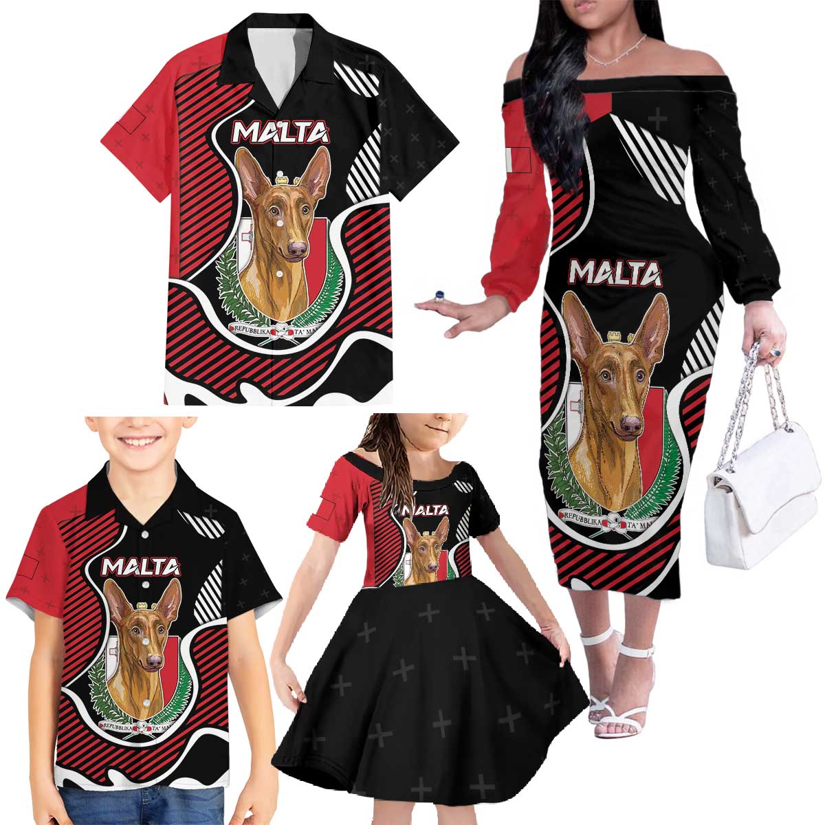 Personalized Malta Family Matching Off The Shoulder Long Sleeve Dress and Hawaiian Shirt Pharaoh Hound In Coat Of Arms - Wonder Print Shop