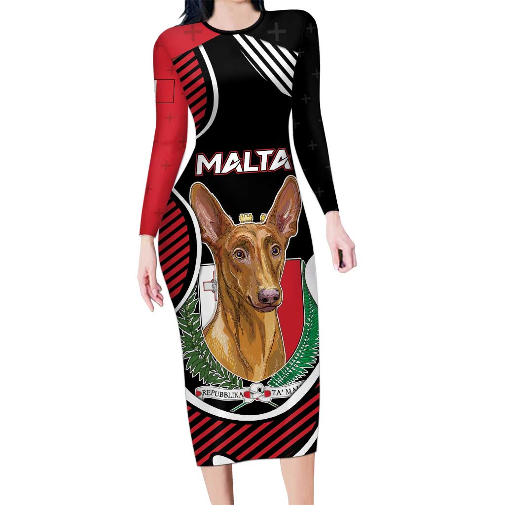 Personalized Malta Long Sleeve Bodycon Dress Pharaoh Hound In Coat Of Arms - Wonder Print Shop
