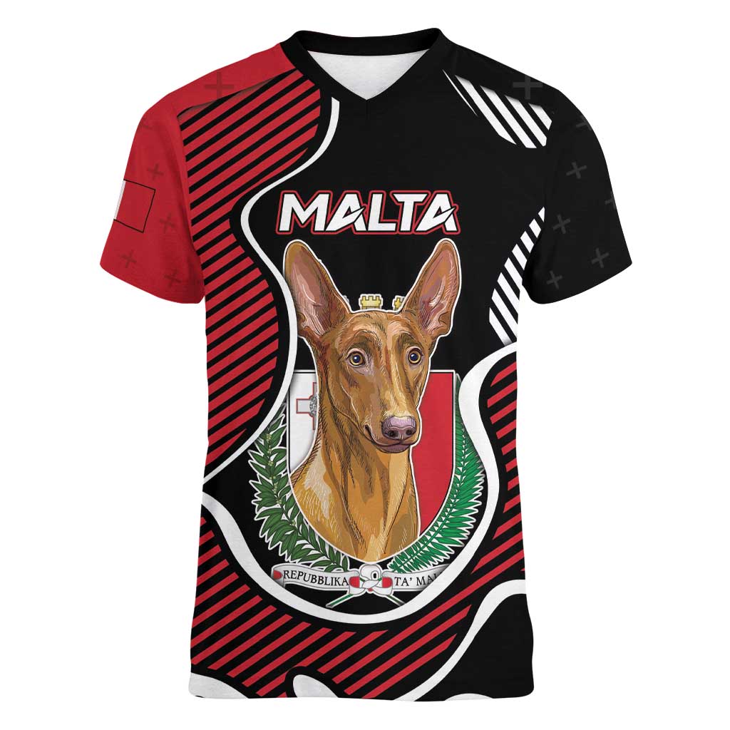 Personalized Malta Women V-Neck T-Shirt Pharaoh Hound In Coat Of Arms - Wonder Print Shop
