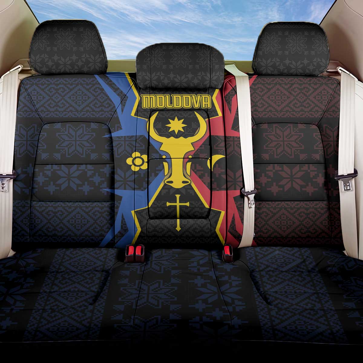 Moldova Back Car Seat Cover The Aurochs Symbol With Patterns - Wonder Print Shop