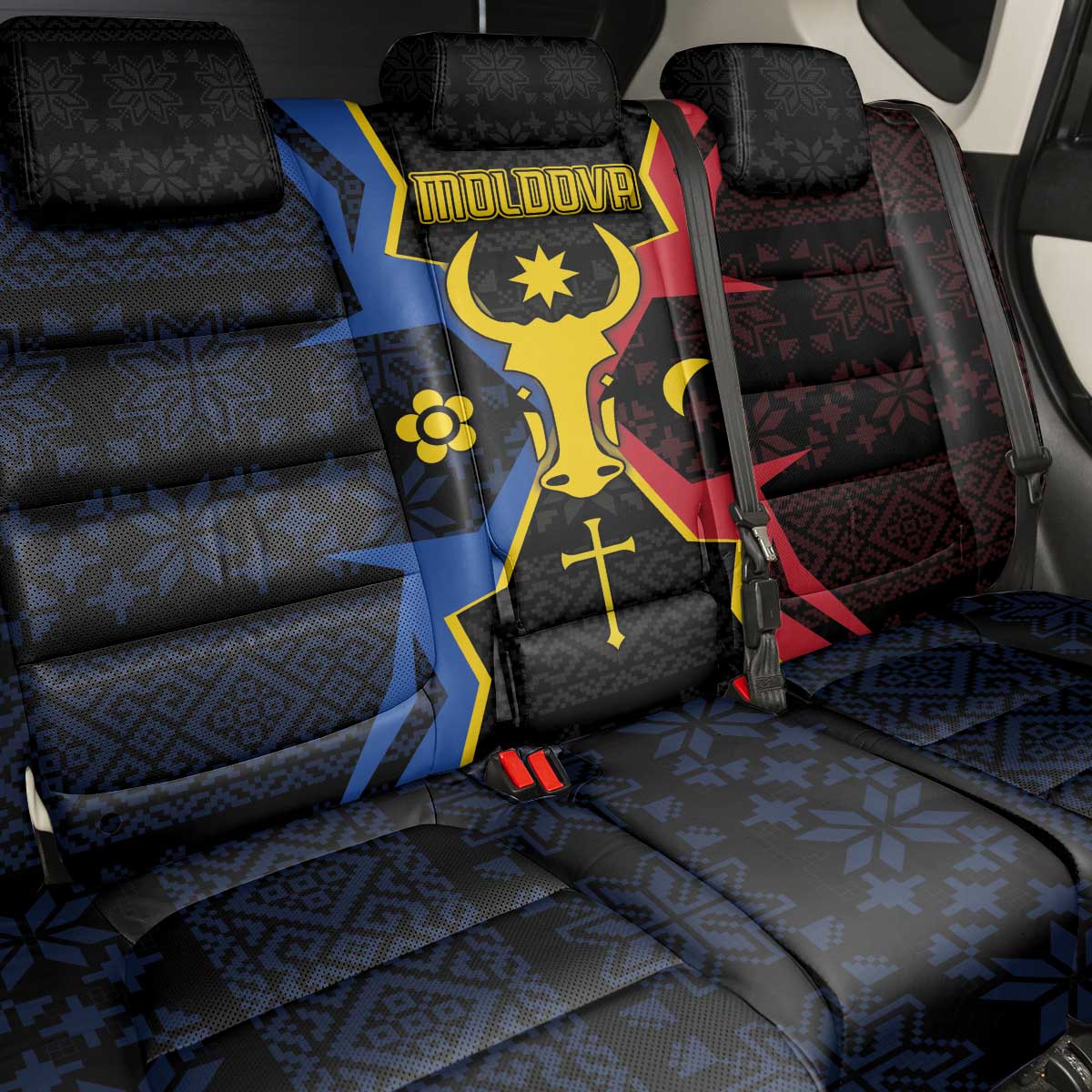 Moldova Back Car Seat Cover The Aurochs Symbol With Patterns - Wonder Print Shop